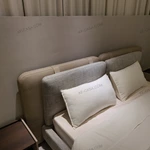 Dual-Material Upholstered Bed with Beige Leather & Grey Fabric Headboard & Low-Profile Base